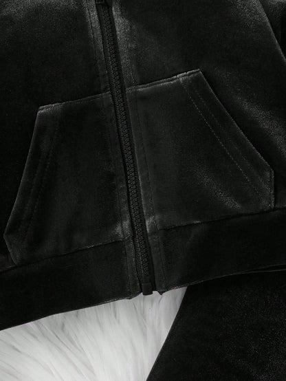 Baby Girl 2Pcs Black Sets, Letter Velvet Hoodie & Flare Winter Pants,Cute Y2k Outfits For Autumn Holiday Christmas,Fashionable Casual Sweatpants