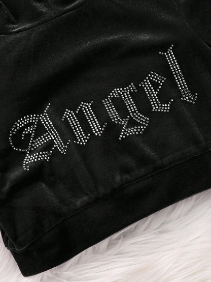 Baby Girl 2Pcs Black Sets, Letter Velvet Hoodie & Flare Winter Pants,Cute Y2k Outfits For Autumn Holiday Christmas,Fashionable Casual Sweatpants