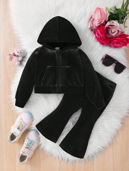 Baby Girl 2Pcs Black Sets, Letter Velvet Hoodie & Flare Winter Pants,Cute Y2k Outfits For Autumn Holiday Christmas,Fashionable Casual Sweatpants