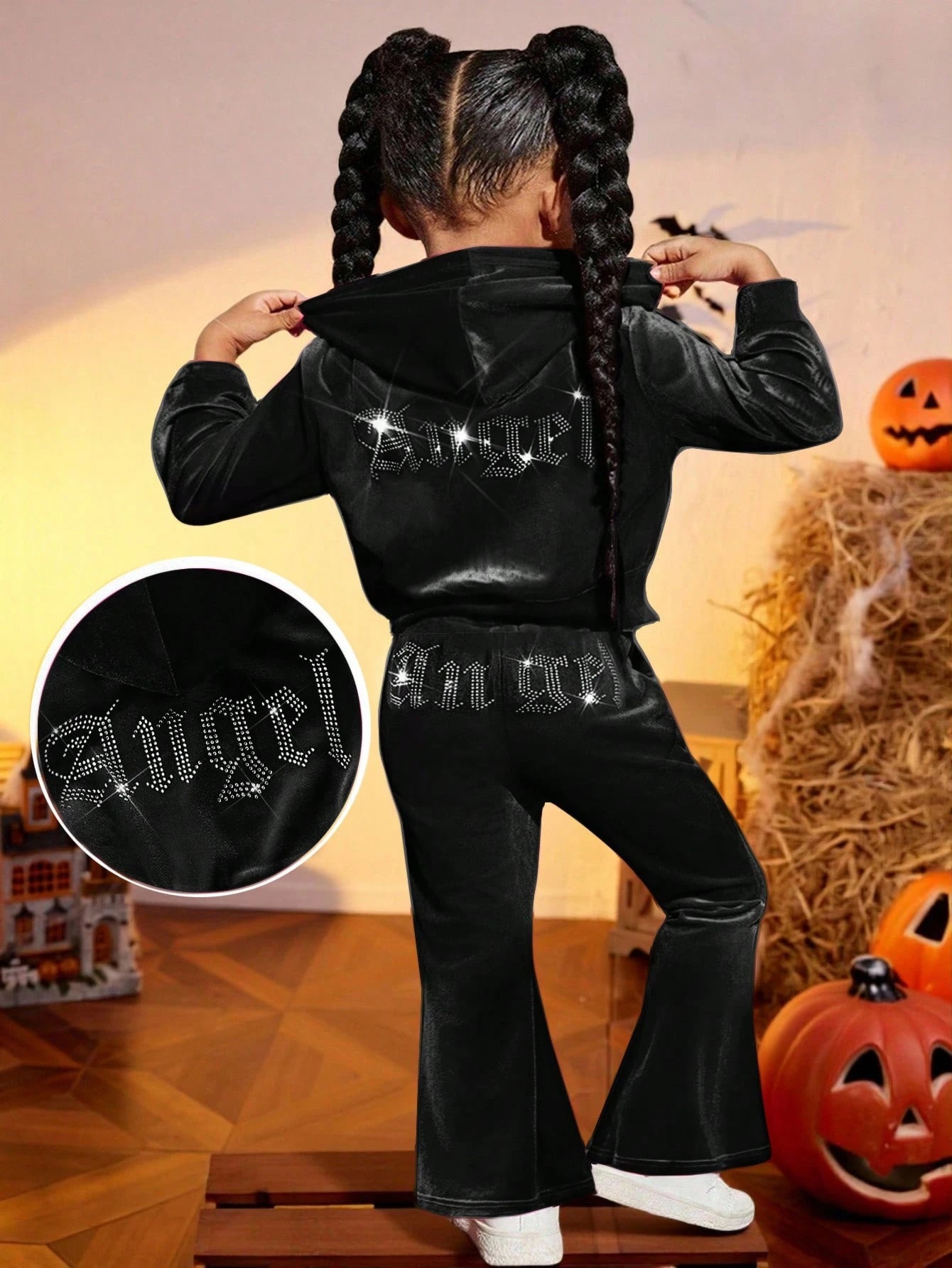 Baby Girl 2Pcs Black Sets, Letter Velvet Hoodie & Flare Winter Pants,Cute Y2k Outfits For Autumn Holiday Christmas,Fashionable Casual Sweatpants