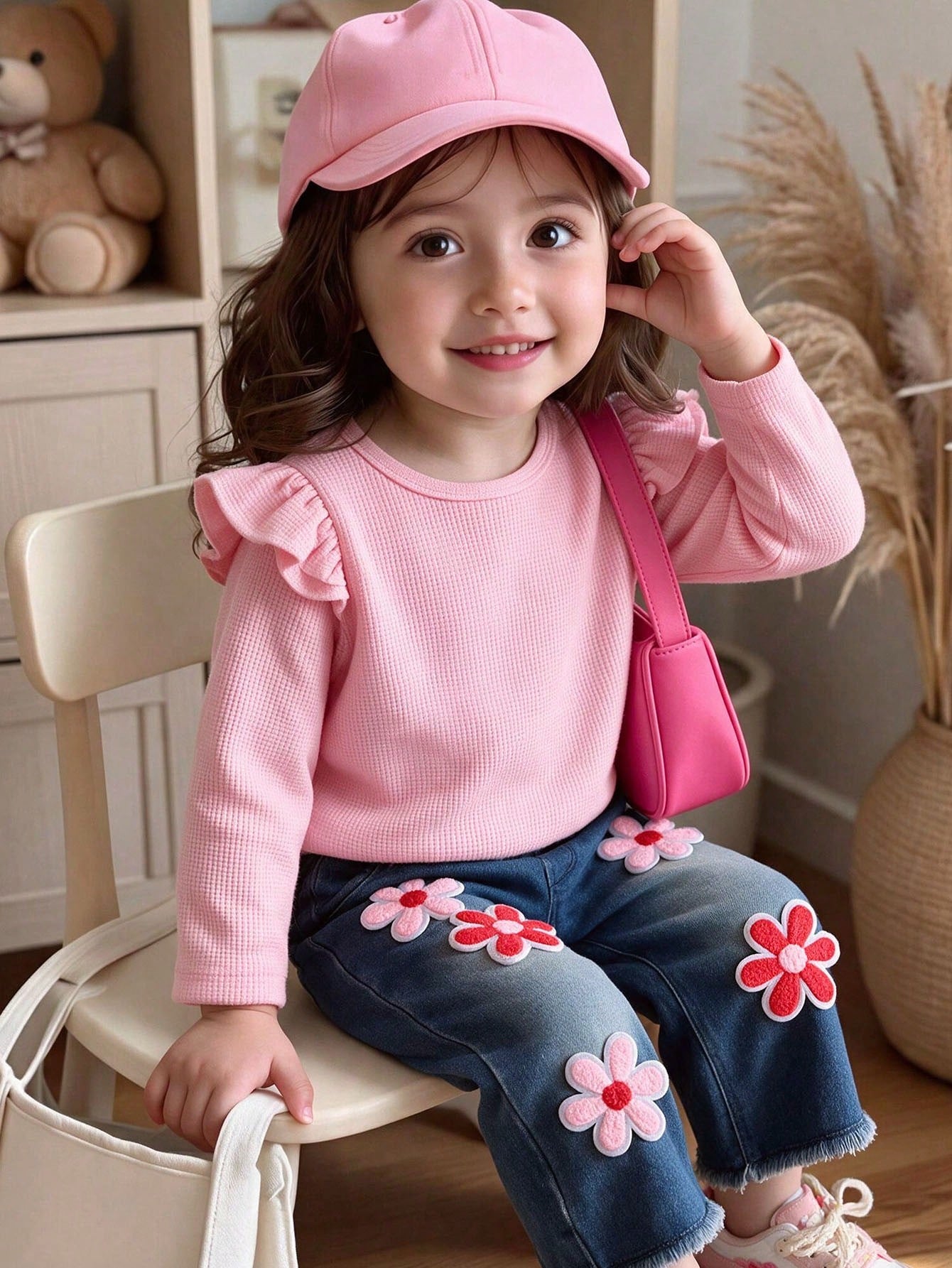 Baby Girl 2pcs Set, Ruffled Collar Pink Waffle Blouse + Gradient Floral Applique Denim Pants, Sweet Style For Spring/Autumn