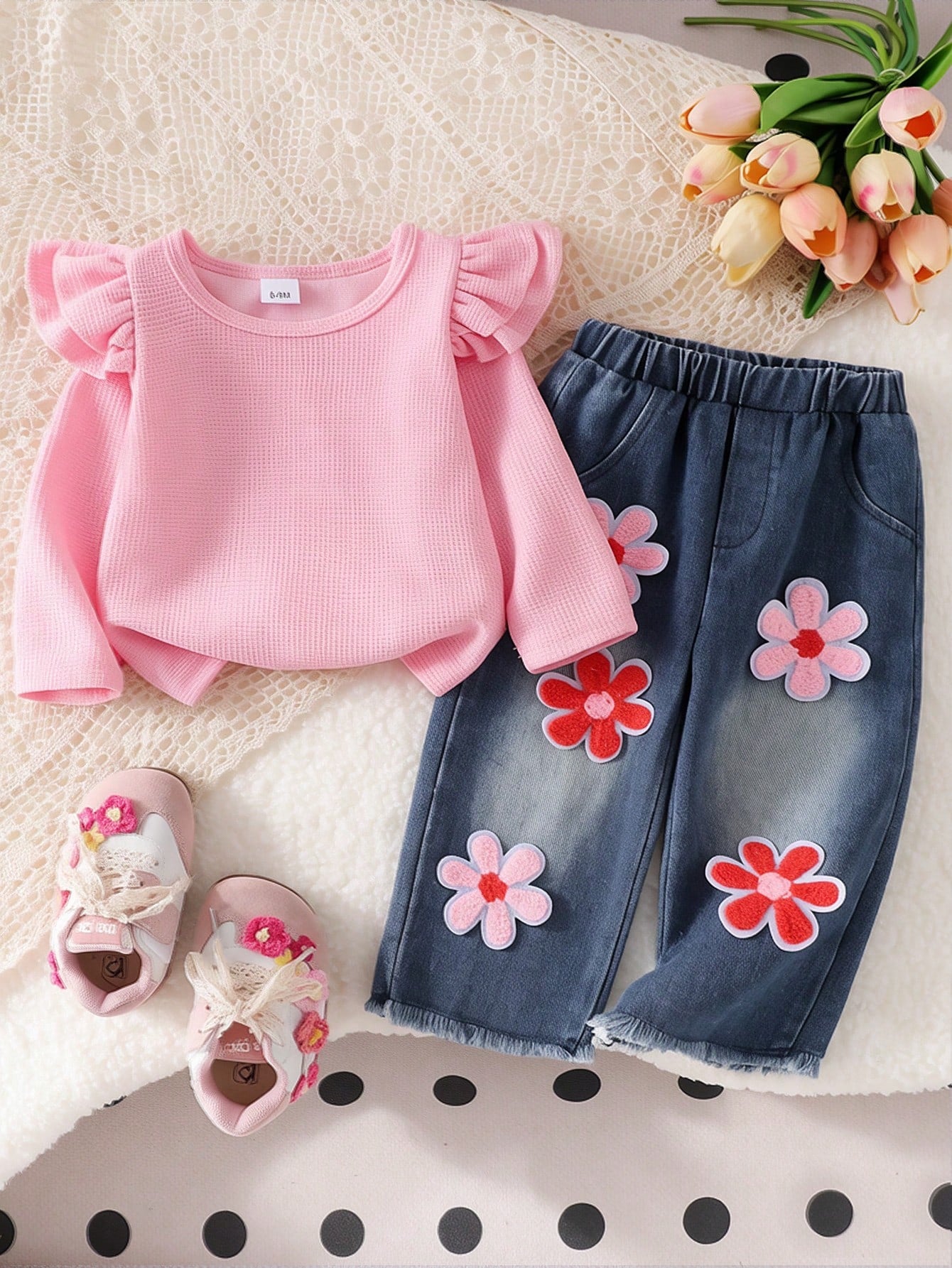 Baby Girl 2pcs Set, Ruffled Collar Pink Waffle Blouse + Gradient Floral Applique Denim Pants, Sweet Style For Spring/Autumn