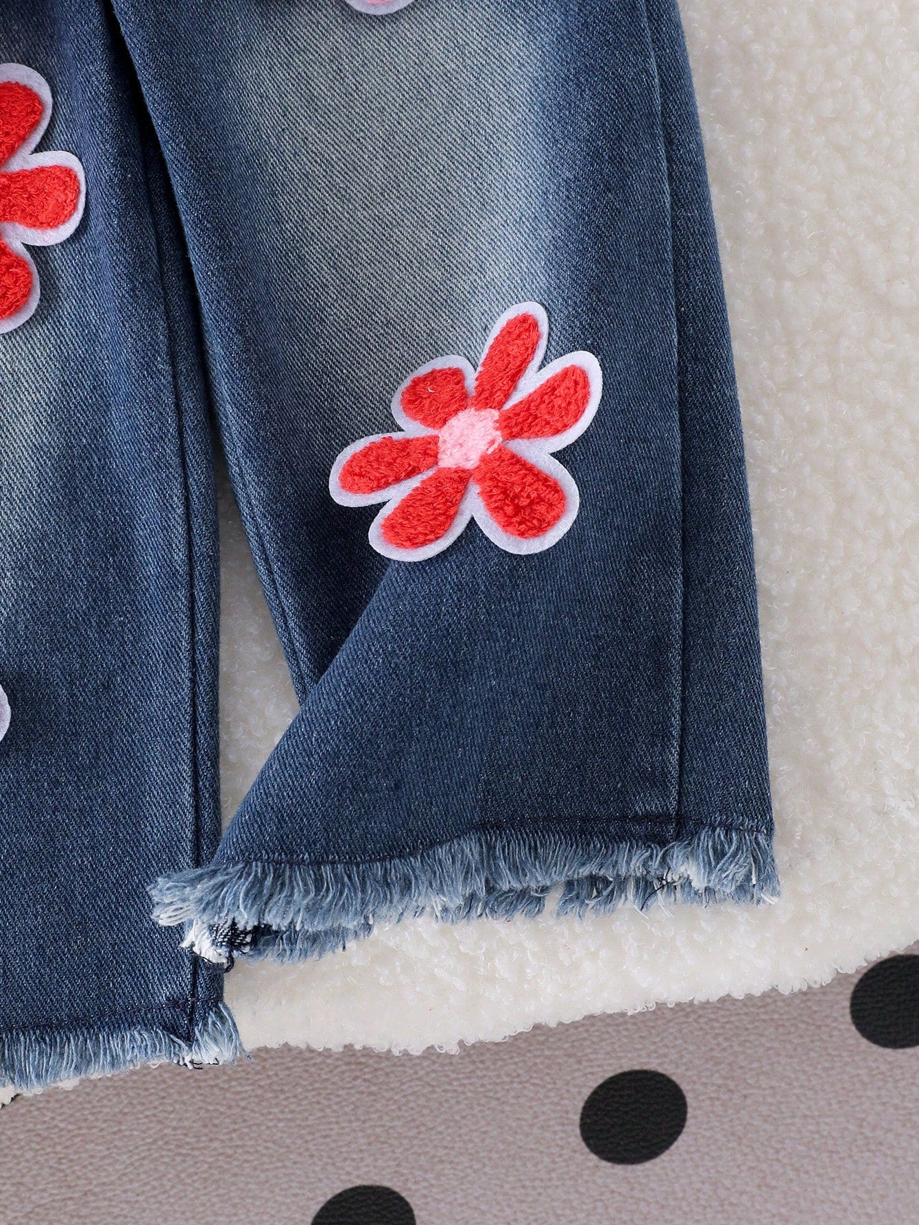 Baby Girl 2pcs Set, Ruffled Collar Pink Waffle Blouse + Gradient Floral Applique Denim Pants, Sweet Style For Spring/Autumn