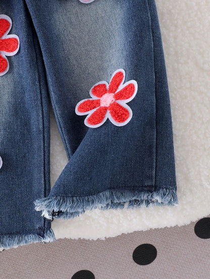 Baby Girl 2pcs Set, Ruffled Collar Pink Waffle Blouse + Gradient Floral Applique Denim Pants, Sweet Style For Spring/Autumn