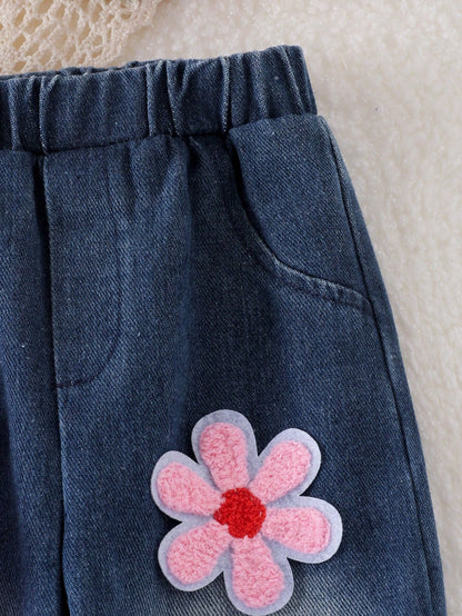 Baby Girl 2pcs Set, Ruffled Collar Pink Waffle Blouse + Gradient Floral Applique Denim Pants, Sweet Style For Spring/Autumn