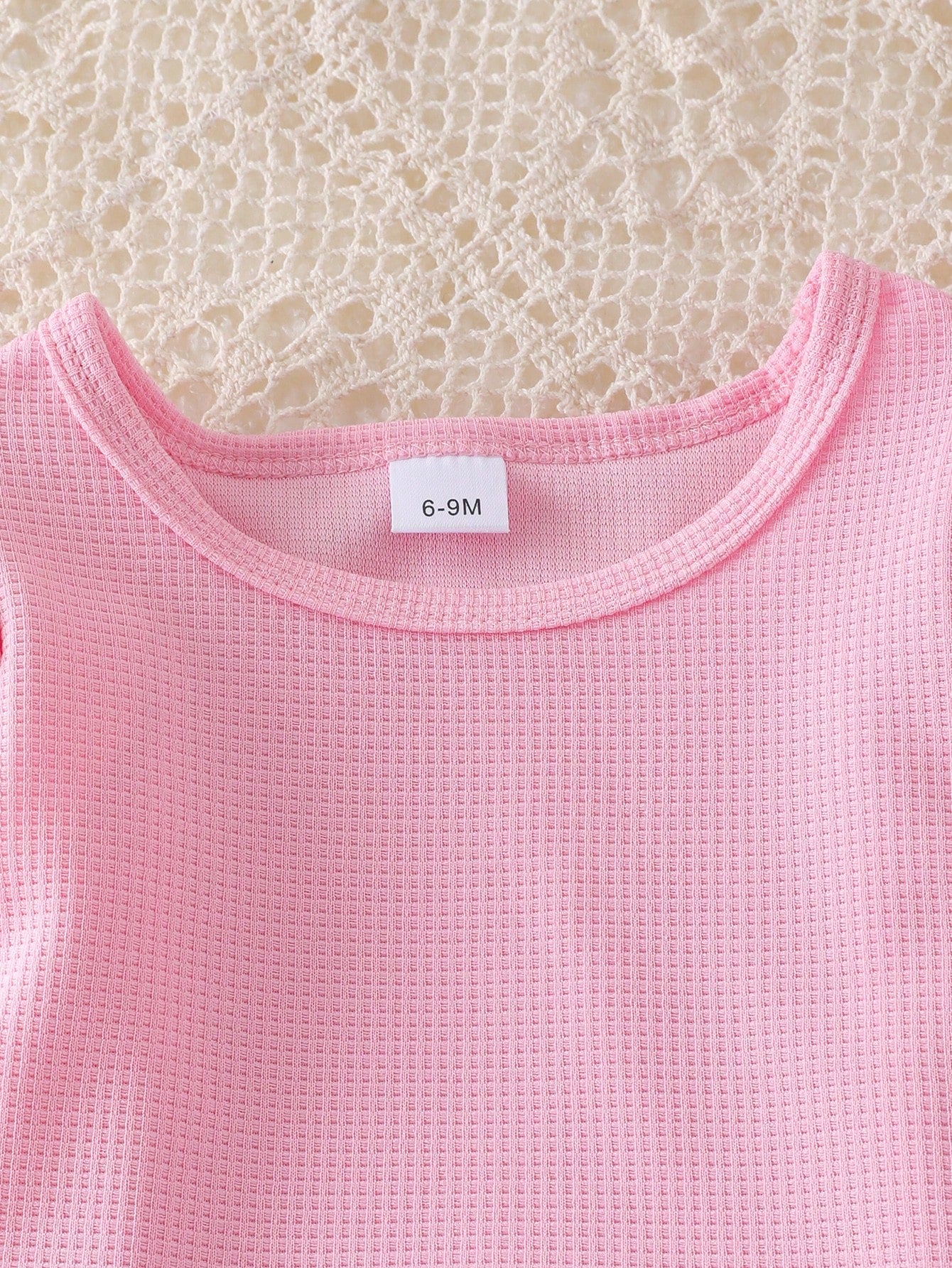 Baby Girl 2pcs Set, Ruffled Collar Pink Waffle Blouse + Gradient Floral Applique Denim Pants, Sweet Style For Spring/Autumn