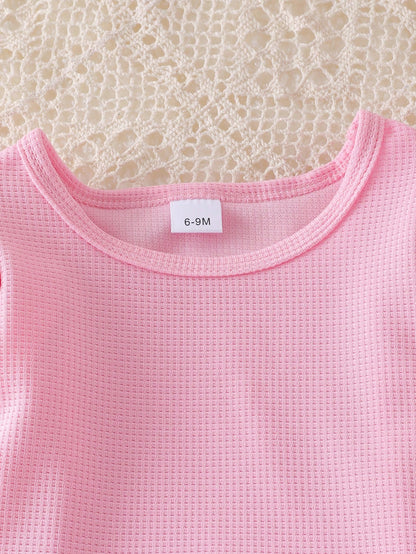 Baby Girl 2pcs Set, Ruffled Collar Pink Waffle Blouse + Gradient Floral Applique Denim Pants, Sweet Style For Spring/Autumn