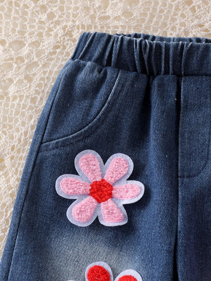 Baby Girl 2pcs Set, Ruffled Collar Pink Waffle Blouse + Gradient Floral Applique Denim Pants, Sweet Style For Spring/Autumn