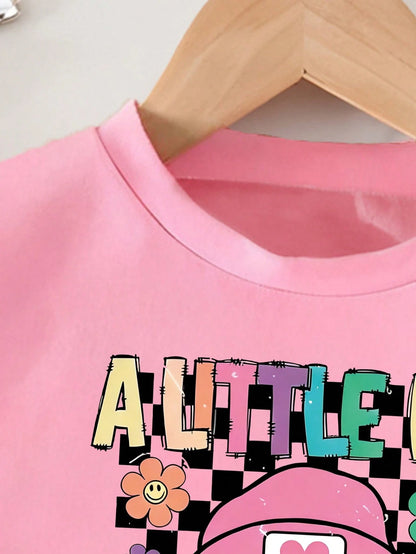 Baby Girl Cartoon Print Short Sleeve Top And Solid Color Denim Shorts