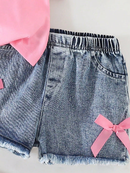 Baby Girl Cartoon Print Short Sleeve Top And Solid Color Denim Shorts