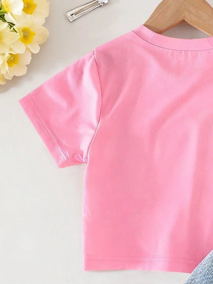 Baby Girl Cartoon Print Short Sleeve Top And Solid Color Denim Shorts
