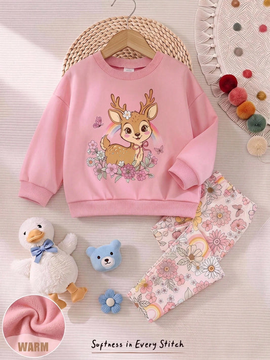 Baby Girl Casual Minimalist Loose Crew Neck Sweatshirt & Elastic Waist Long Pants Set, Suitable For Autumn/Winter