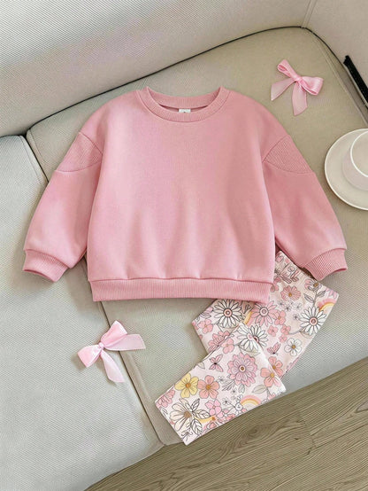 Baby Girl Casual Minimalist Loose Crew Neck Sweatshirt & Elastic Waist Long Pants Set, Suitable For Autumn/Winter