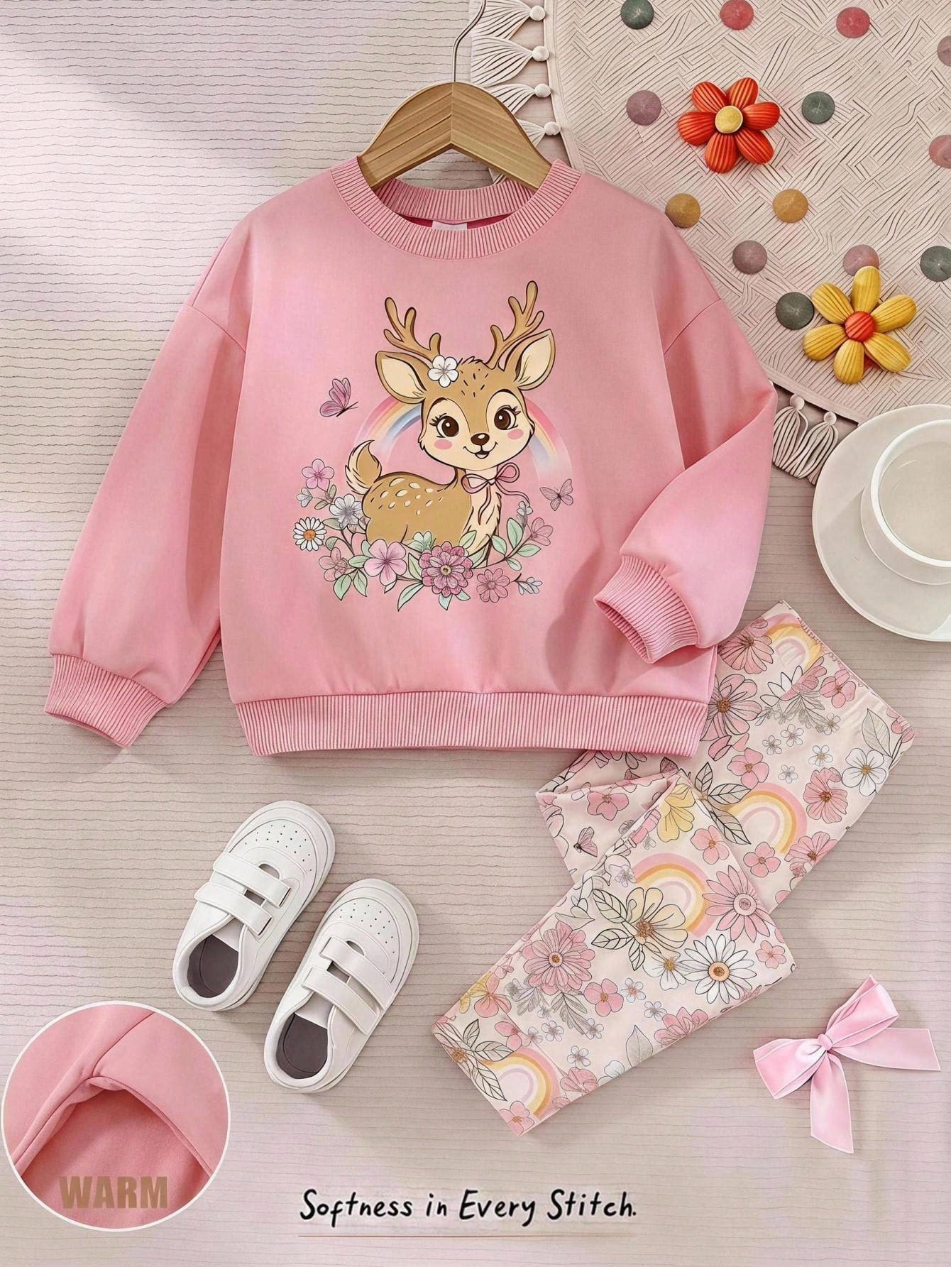 Baby Girl Casual Minimalist Loose Crew Neck Sweatshirt & Elastic Waist Long Pants Set, Suitable For Autumn/Winter