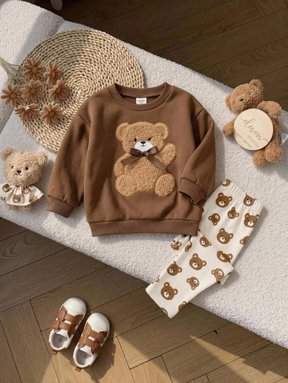 Baby Girl Casual Minimalist Loose Crew Neck Sweatshirt & Elastic Waist Long Pants Set, Suitable For Autumn/Winter