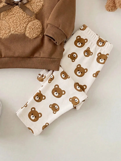Baby Girl Casual Minimalist Loose Crew Neck Sweatshirt & Elastic Waist Long Pants Set, Suitable For Autumn/Winter