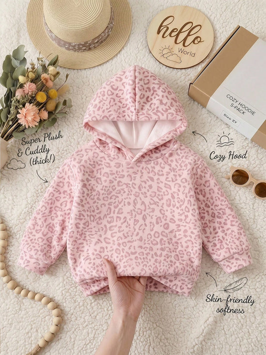 Baby Girl Casual Minimalist Vintage College Pink Leopard Print Loose Round Neck Soft Comfortable Thick Long Sleeve Sweatshirt, Suitable For Autumn & Winter, Autumn & Winter Sweatshirt For Girls, Styli