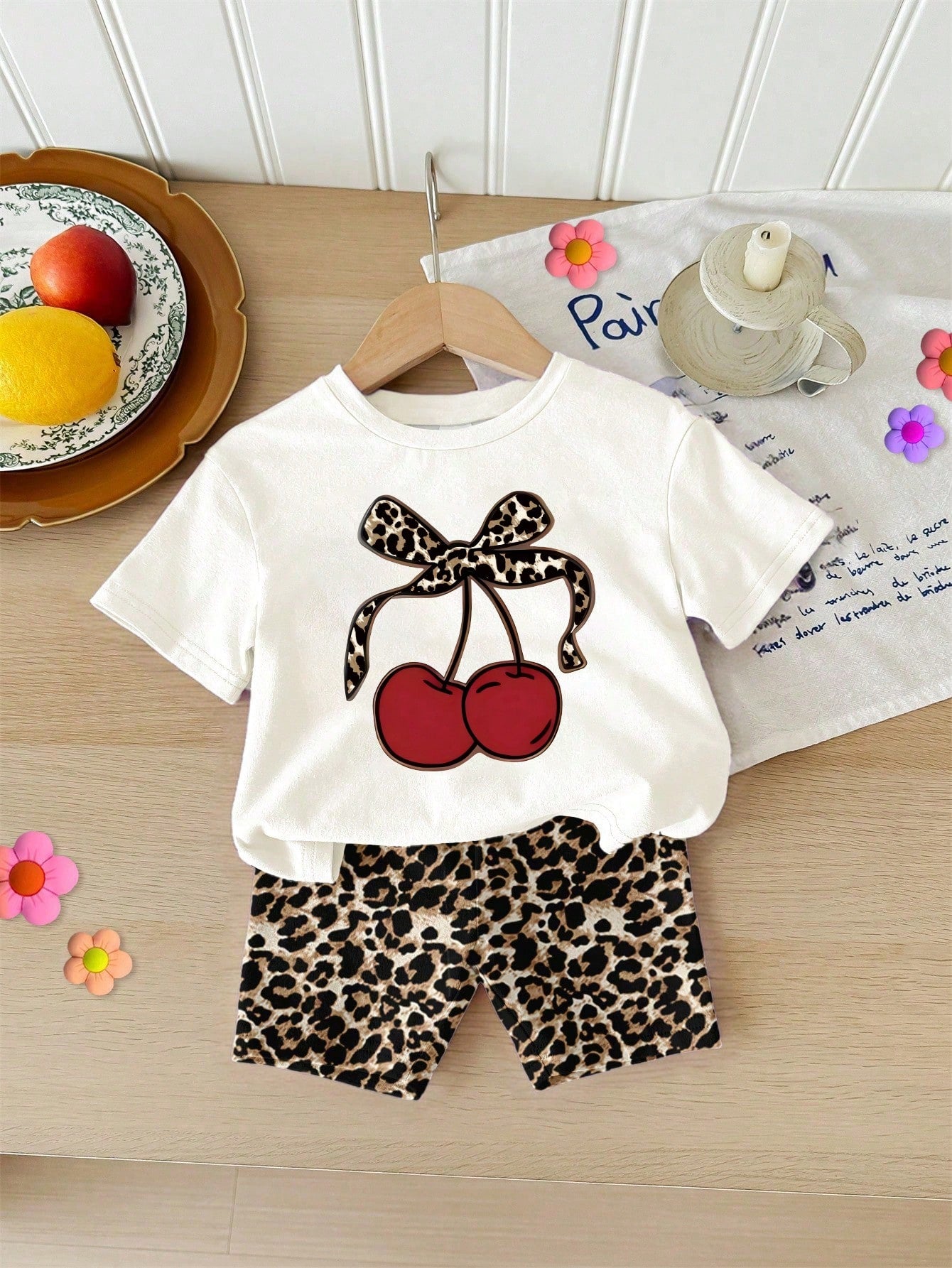 Baby Girl Cherry Print Short Sleeve T-Shirt And Leopard Print Shorts Set