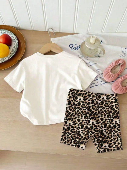 Baby Girl Cherry Print Short Sleeve T-Shirt And Leopard Print Shorts Set