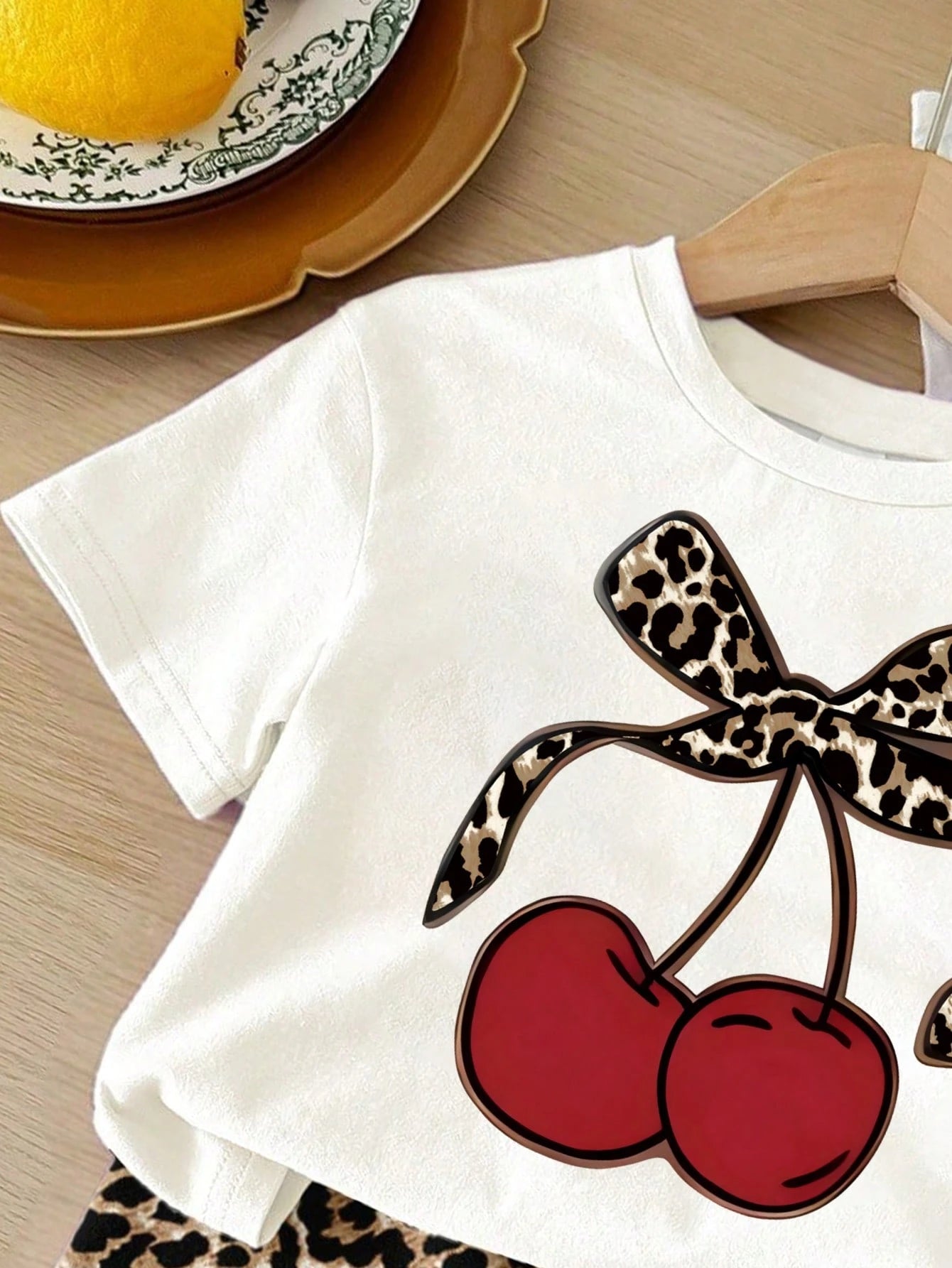 Baby Girl Cherry Print Short Sleeve T-Shirt And Leopard Print Shorts Set