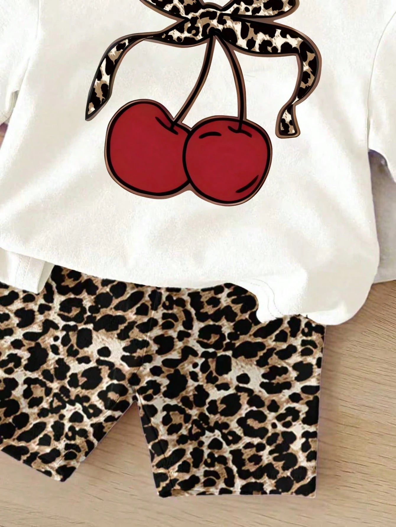 Baby Girl Cherry Print Short Sleeve T-Shirt And Leopard Print Shorts Set