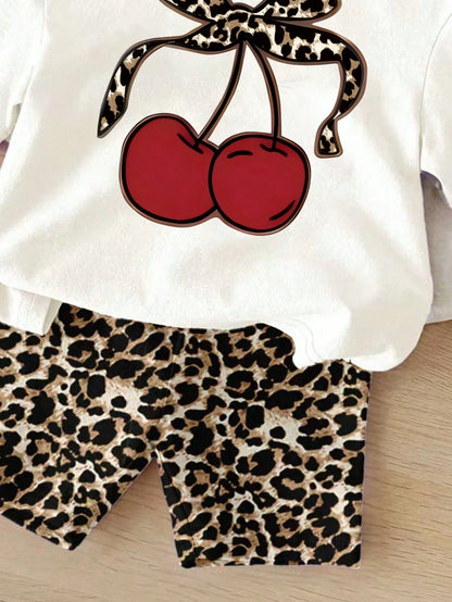 Baby Girl Cherry Print Short Sleeve T-Shirt And Leopard Print Shorts Set