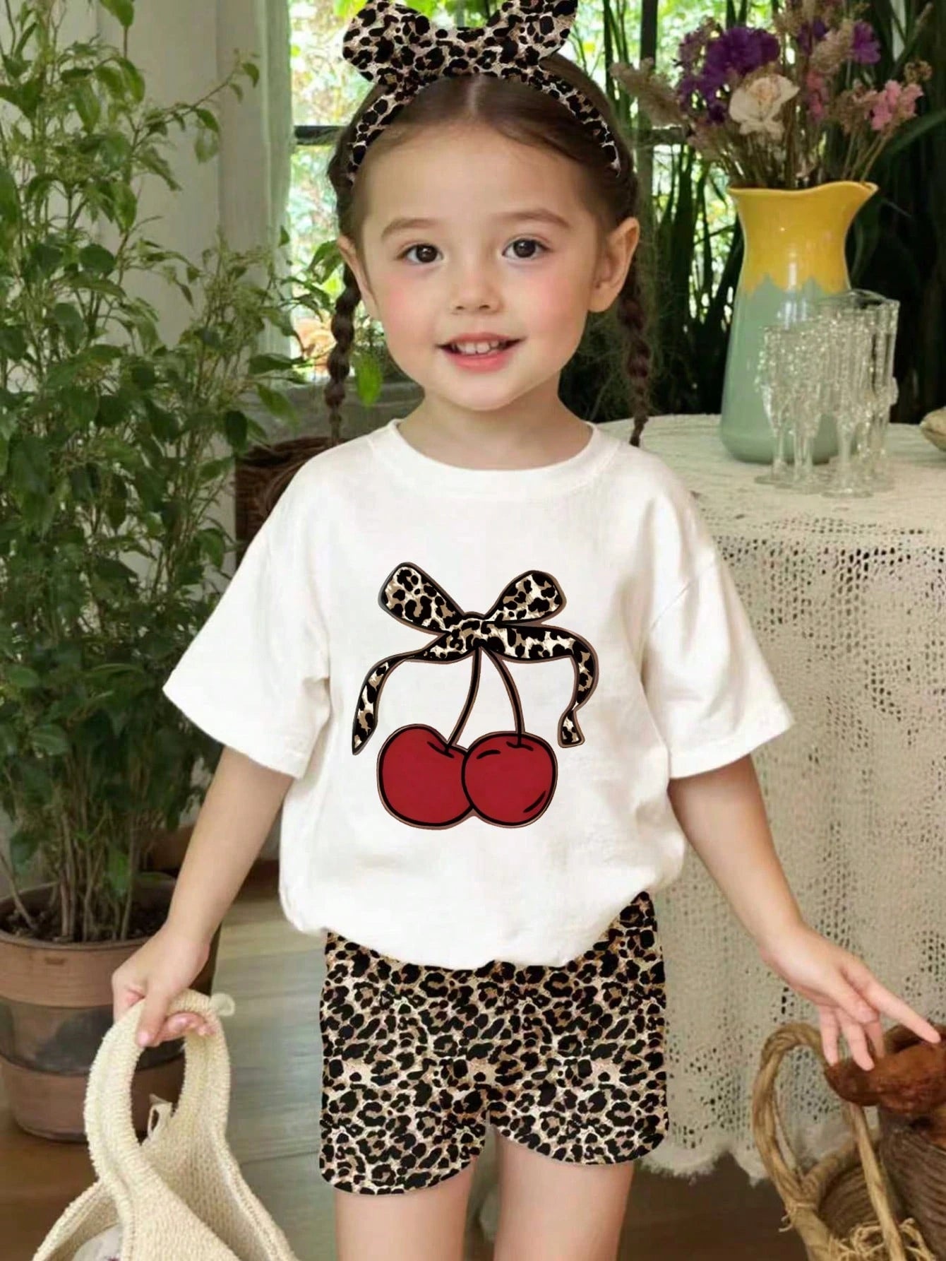 Baby Girl Cherry Print Short Sleeve T-Shirt And Leopard Print Shorts Set