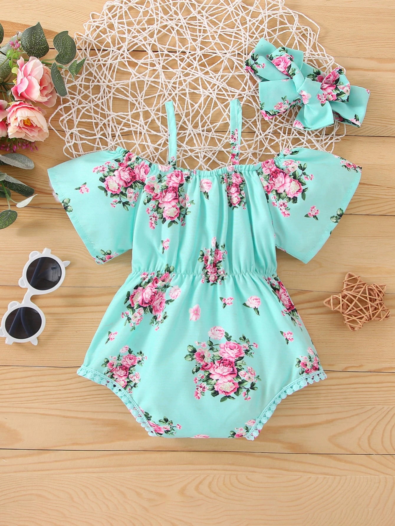 Baby Girl Floral Print Cold Shoulder Bodysuit & Headband