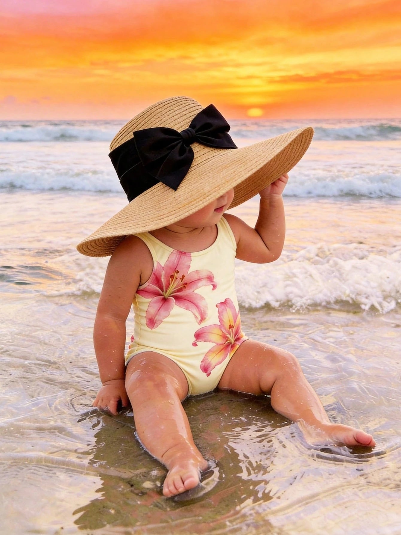 Baby Girl Floral Print One-Piece Swimsuit, Beach & Resort Style