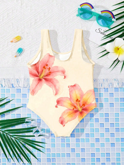 Baby Girl Floral Print One-Piece Swimsuit, Beach & Resort Style