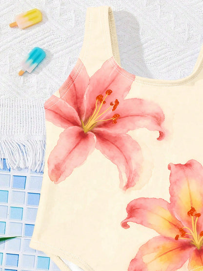 Baby Girl Floral Print One-Piece Swimsuit, Beach & Resort Style