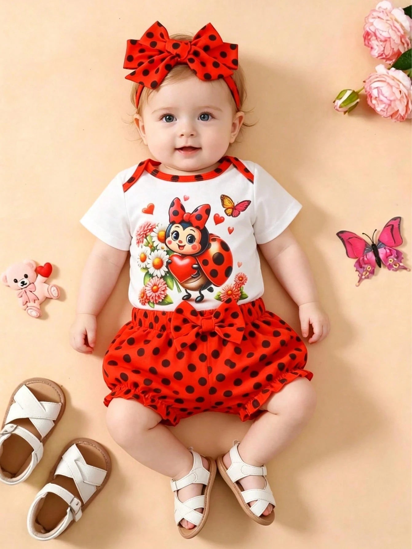 Baby Girl Ladybug Printed Short Sleeve Bodysuit And Shorts Set, Red Black Polka Dots Cartoon Princess Outfits