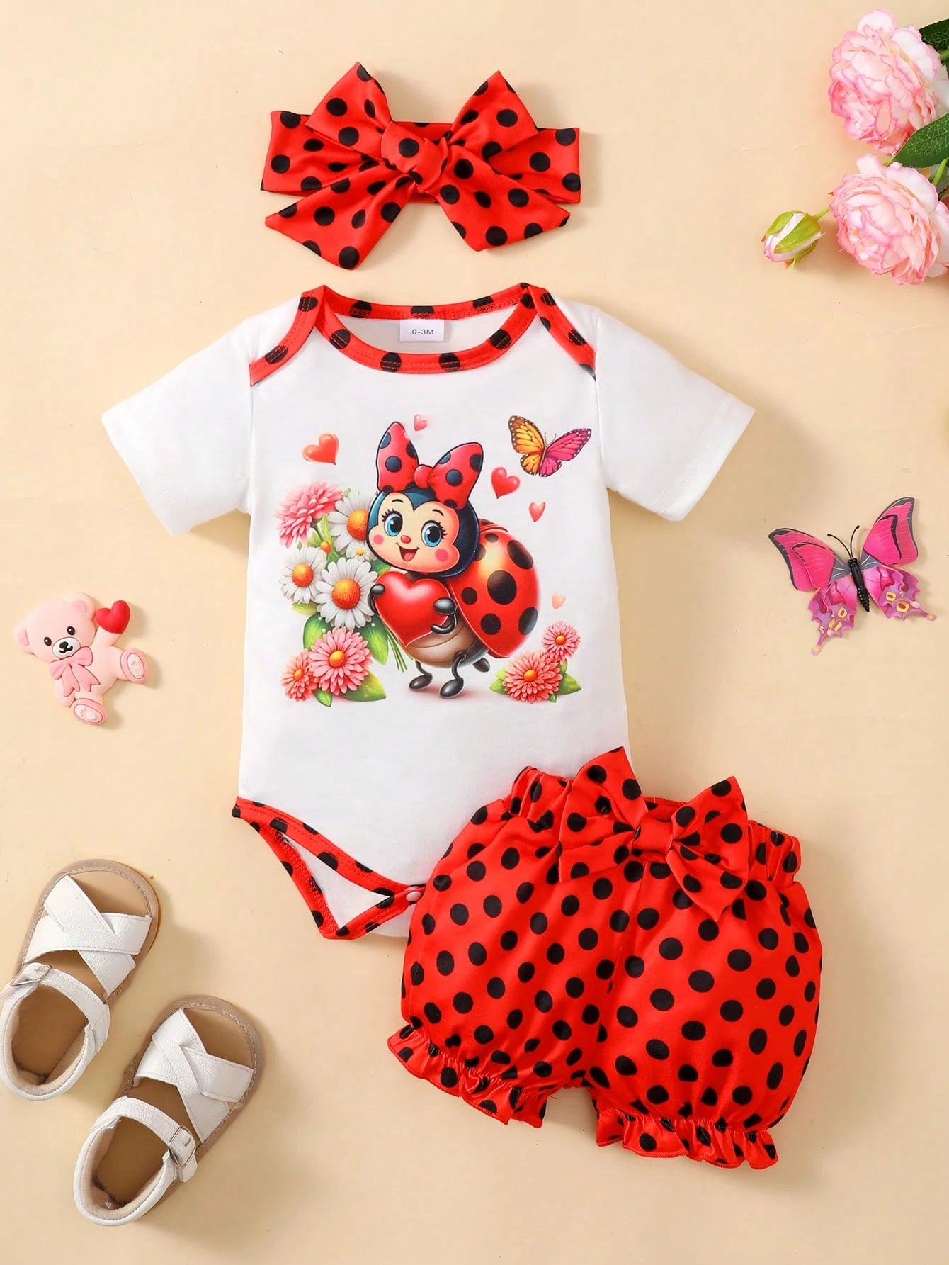 Baby Girl Ladybug Printed Short Sleeve Bodysuit And Shorts Set, Red Black Polka Dots Cartoon Princess Outfits