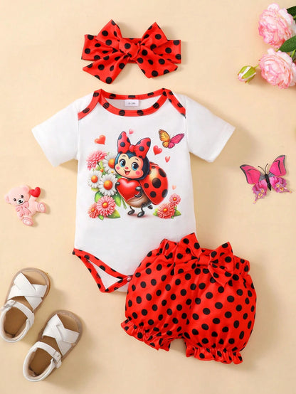 Baby Girl Ladybug Printed Short Sleeve Bodysuit And Shorts Set, Red Black Polka Dots Cartoon Princess Outfits