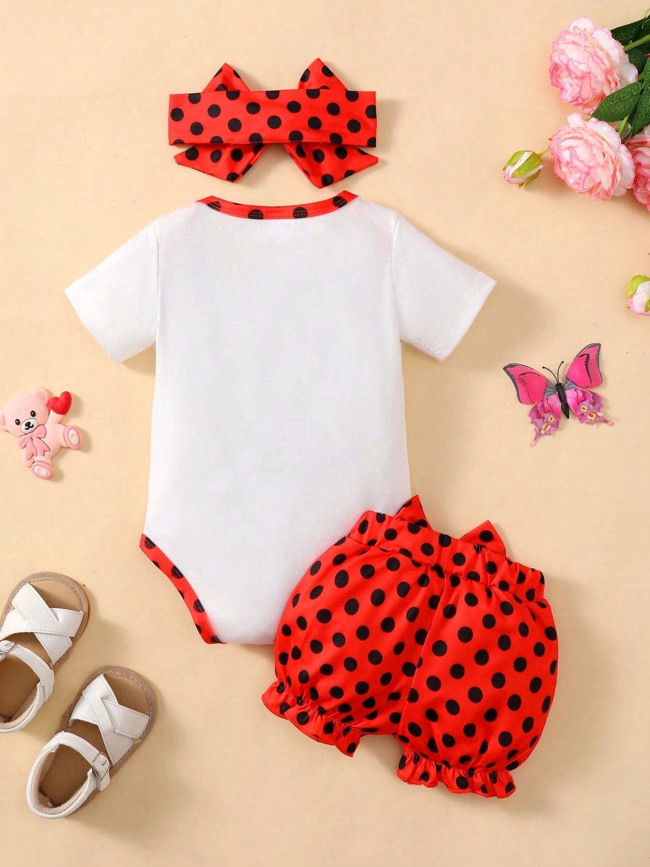 Baby Girl Ladybug Printed Short Sleeve Bodysuit And Shorts Set, Red Black Polka Dots Cartoon Princess Outfits