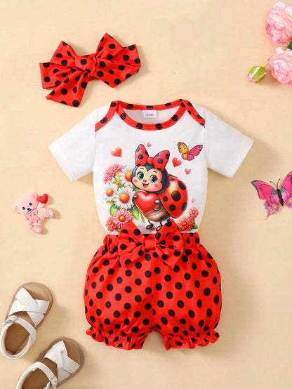 Baby Girl Ladybug Printed Short Sleeve Bodysuit And Shorts Set, Red Black Polka Dots Cartoon Princess Outfits