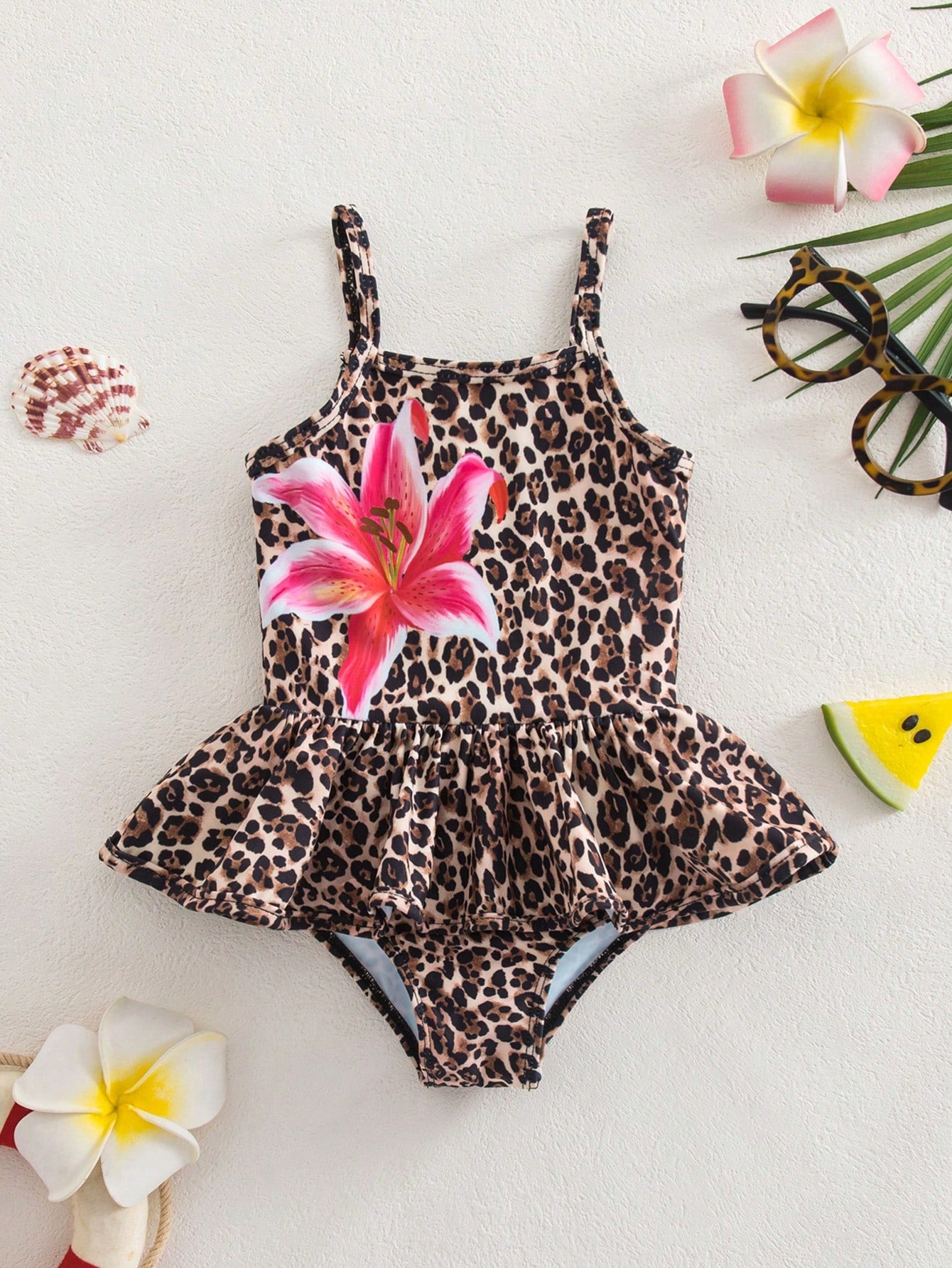 Baby Girl Leopard Print And Hibiscus Floral Romper Swimsuit,Holiday Sleeveless One-Piece Swimwear,Slim Fit Bodysuit For Beach Vacation And Pool Party