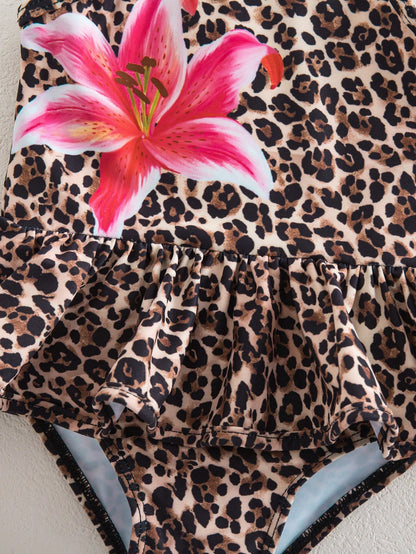Baby Girl Leopard Print And Hibiscus Floral Romper Swimsuit,Holiday Sleeveless One-Piece Swimwear,Slim Fit Bodysuit For Beach Vacation And Pool Party