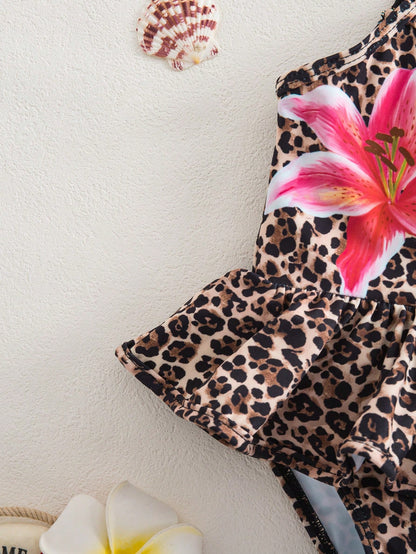 Baby Girl Leopard Print And Hibiscus Floral Romper Swimsuit,Holiday Sleeveless One-Piece Swimwear,Slim Fit Bodysuit For Beach Vacation And Pool Party