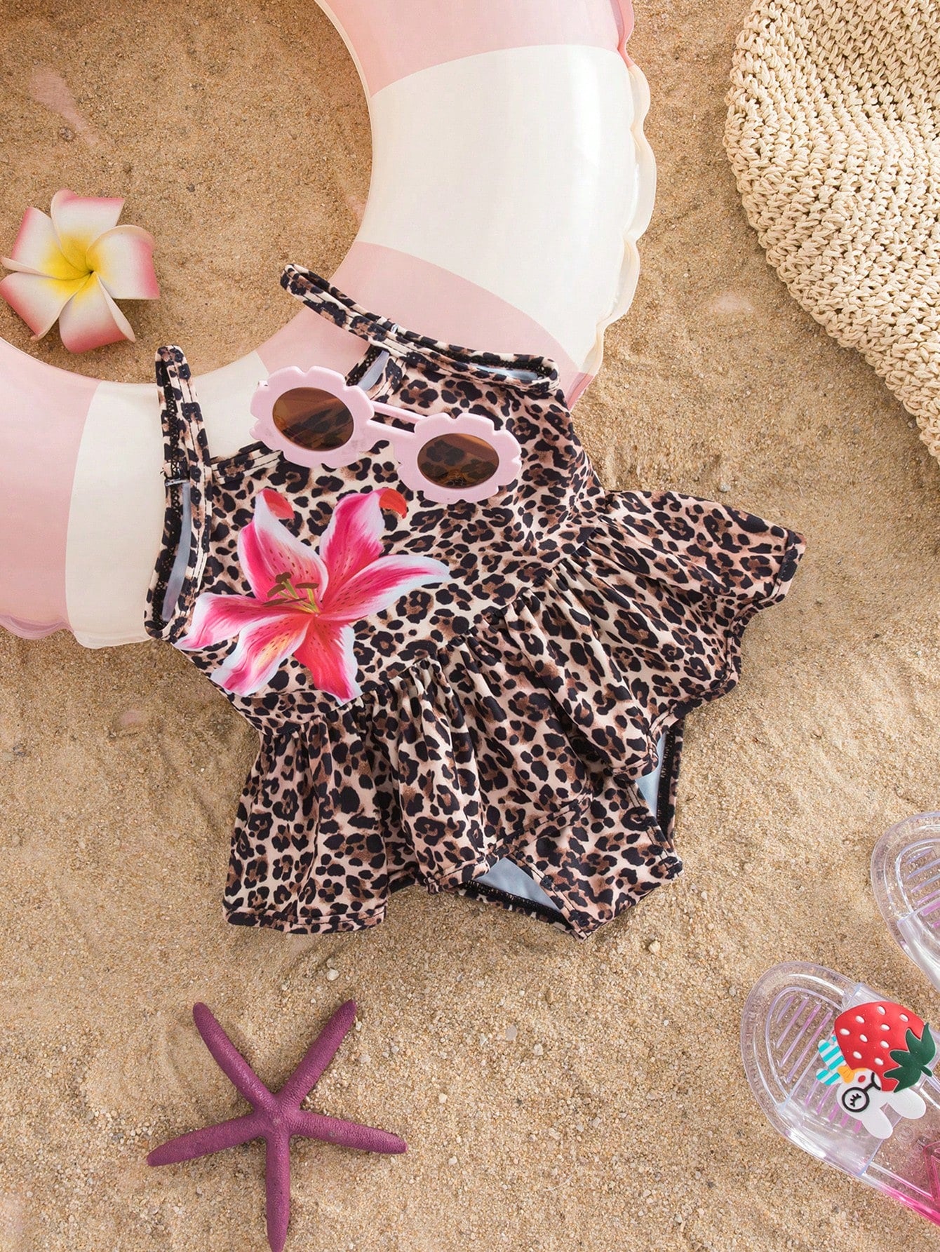 Baby Girl Leopard Print And Hibiscus Floral Romper Swimsuit,Holiday Sleeveless One-Piece Swimwear,Slim Fit Bodysuit For Beach Vacation And Pool Party