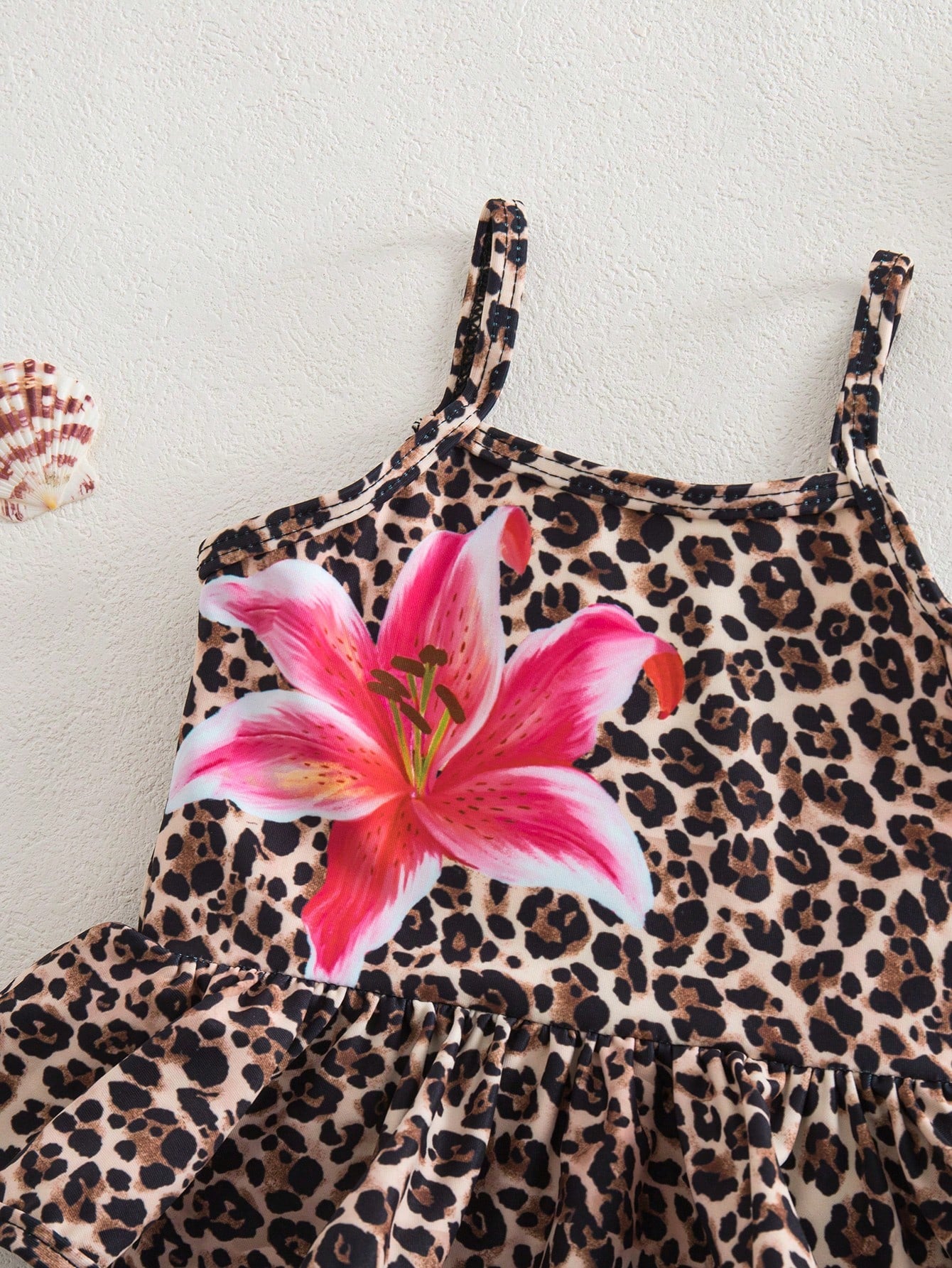 Baby Girl Leopard Print And Hibiscus Floral Romper Swimsuit,Holiday Sleeveless One-Piece Swimwear,Slim Fit Bodysuit For Beach Vacation And Pool Party