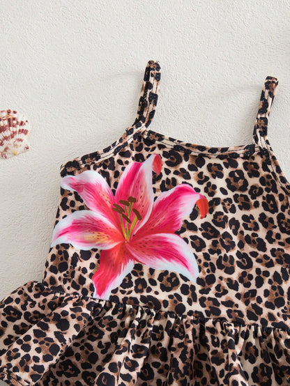 Baby Girl Leopard Print And Hibiscus Floral Romper Swimsuit,Holiday Sleeveless One-Piece Swimwear,Slim Fit Bodysuit For Beach Vacation And Pool Party