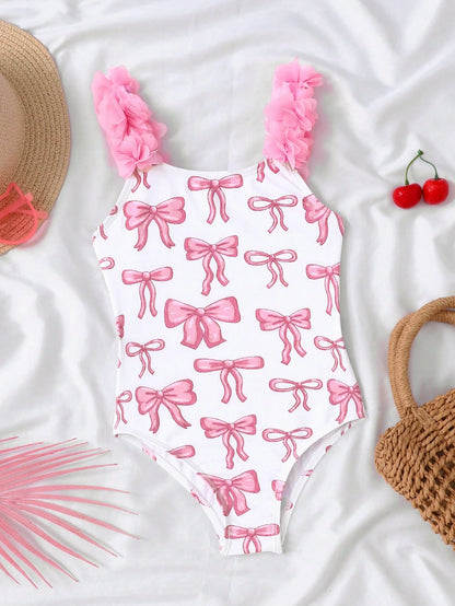Baby Girl Leopard Print And Hibiscus Floral Romper Swimsuit,Holiday Sleeveless One-Piece Swimwear,Slim Fit Bodysuit For Beach Vacation And Pool Party