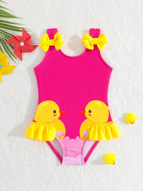 Baby Girl Little Yellow Duck Print Bow Decor One-Piece Swimsuit