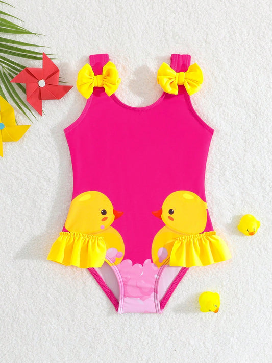 Baby Girl Little Yellow Duck Print Bow Decor One-Piece Swimsuit
