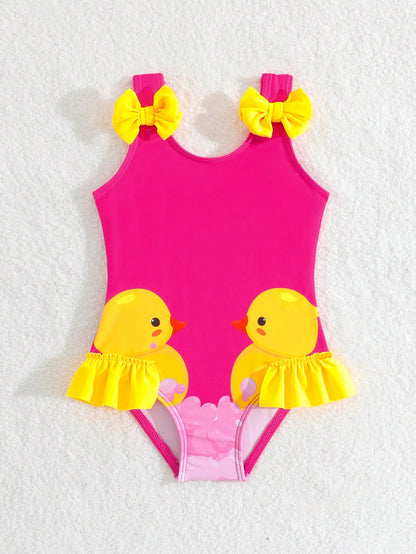 Baby Girl Little Yellow Duck Print Bow Decor One-Piece Swimsuit
