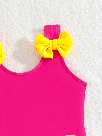 Baby Girl Little Yellow Duck Print Bow Decor One-Piece Swimsuit