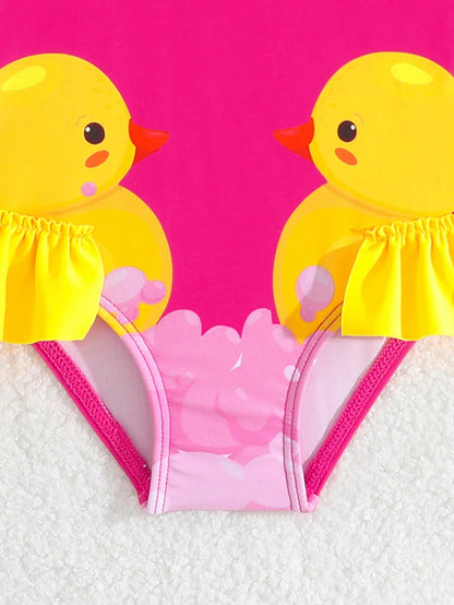 Baby Girl Little Yellow Duck Print Bow Decor One-Piece Swimsuit