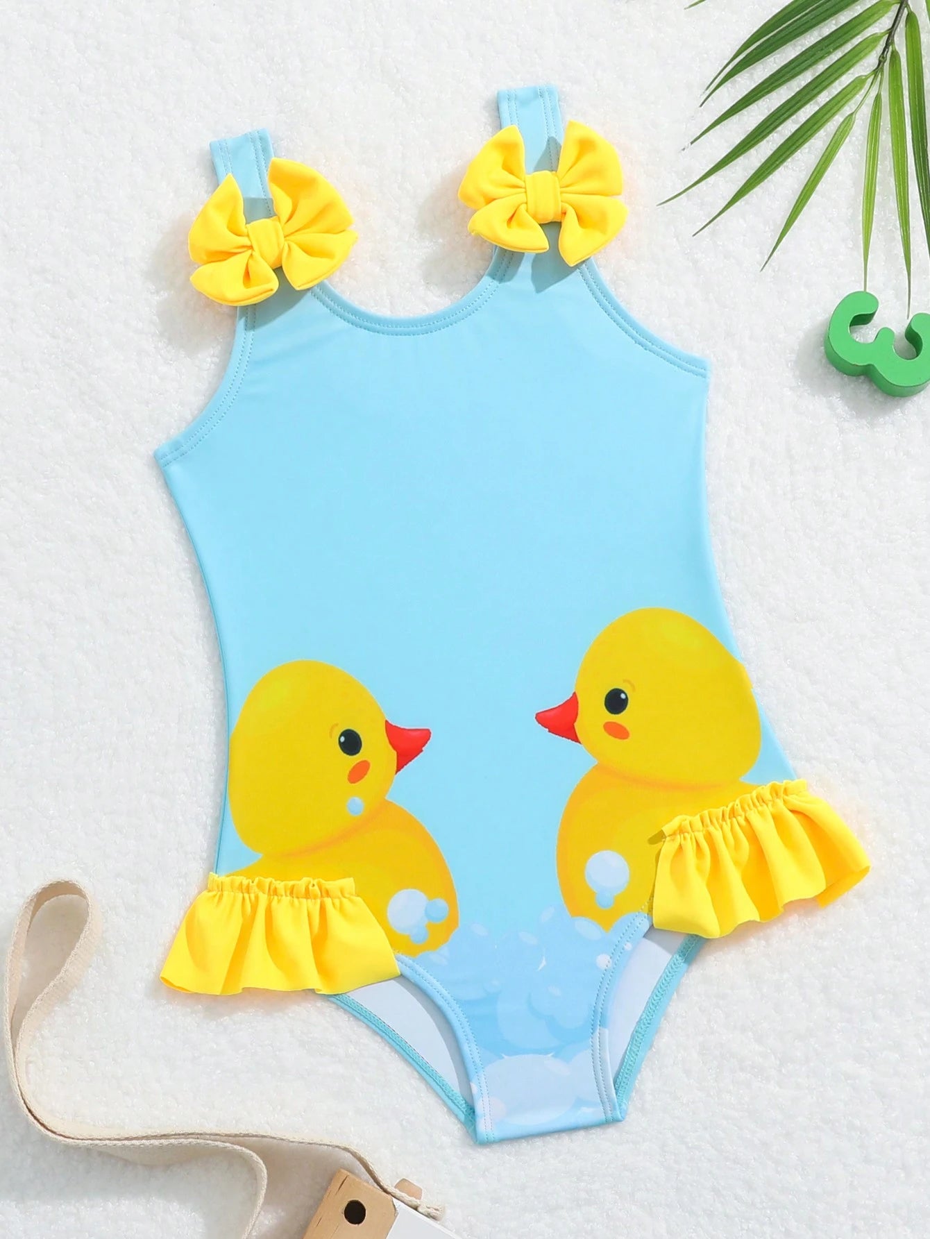 Baby Girl Little Yellow Duck Print Bow Decor One-Piece Swimsuit