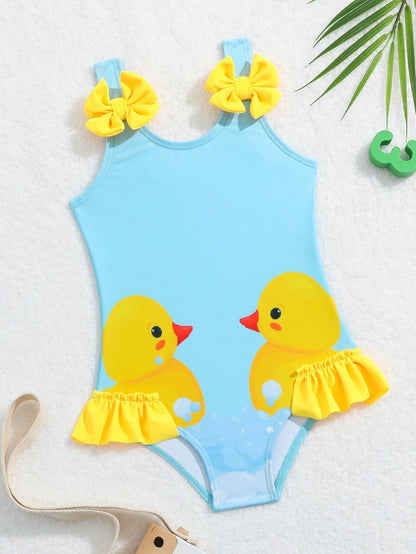 Baby Girl Little Yellow Duck Print Bow Decor One-Piece Swimsuit